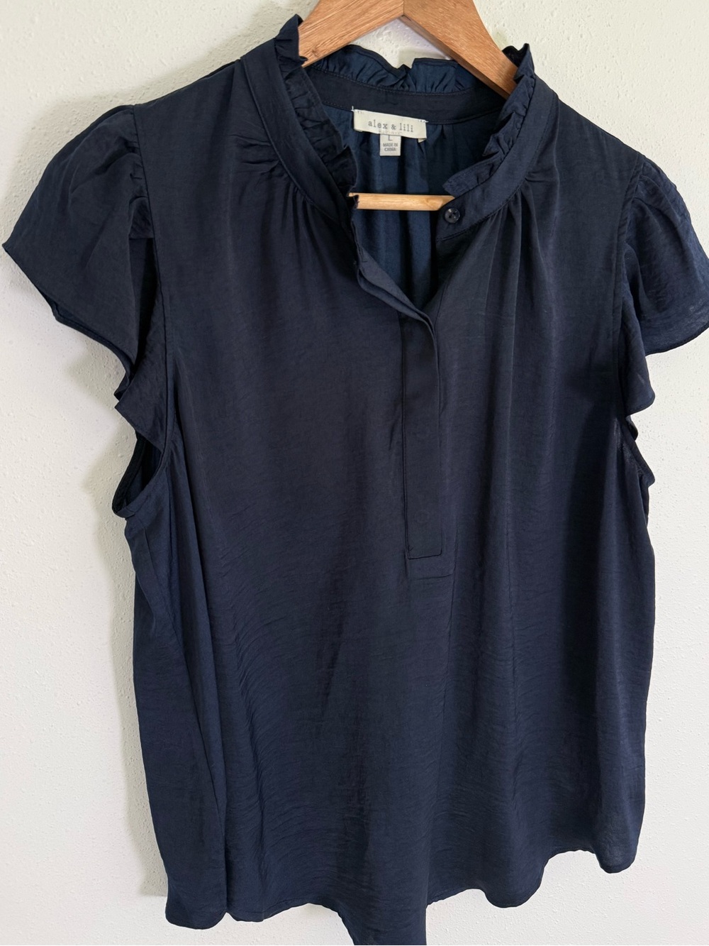 Alex & Lili Navy Ruffle Sleeve Blouse Women’s Large Flutter Sleeve Top - Picture 2 of 5